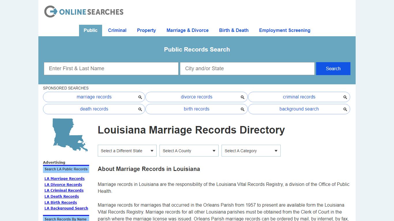 Louisiana Marriage Records Search Directory - OnlineSearches.com